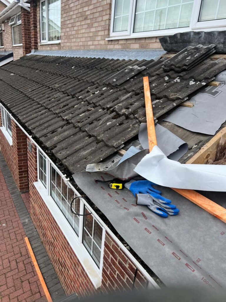 This is a photo of a pitched roof which is being repaired. The existing roof was leaking badly. Works carried out by Mansfield Woodhouse Roofing Repairs